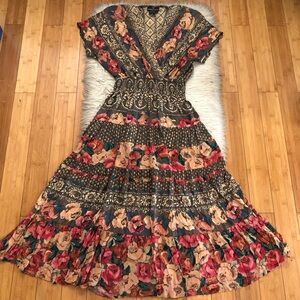 Vintage Carole Little Whimsical Floral Milkmaid Boho Multicolor Maxi Dress 12